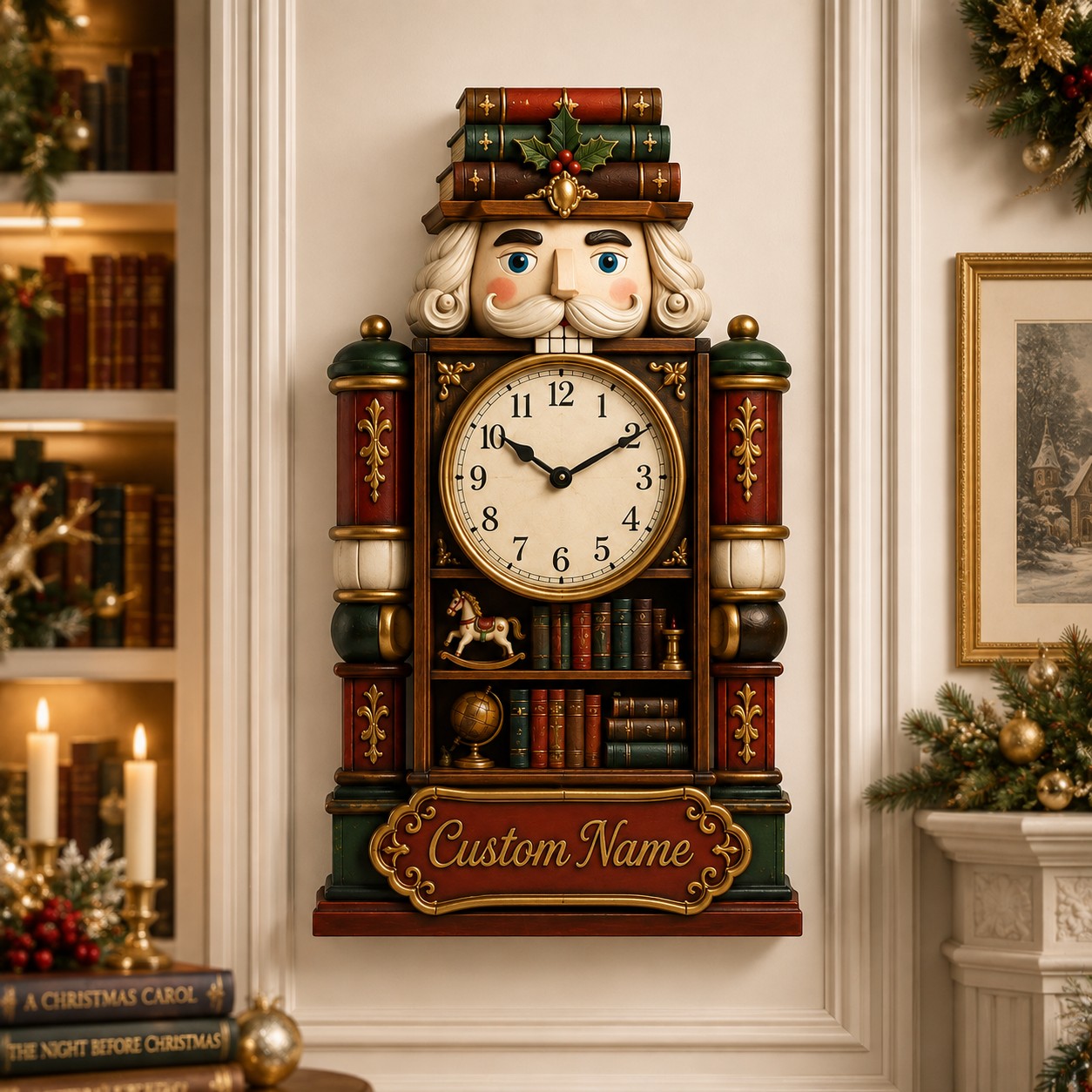 Personalized Christmas Nutcracker Library Wall Clock with Custom Name — personalized with a custom name