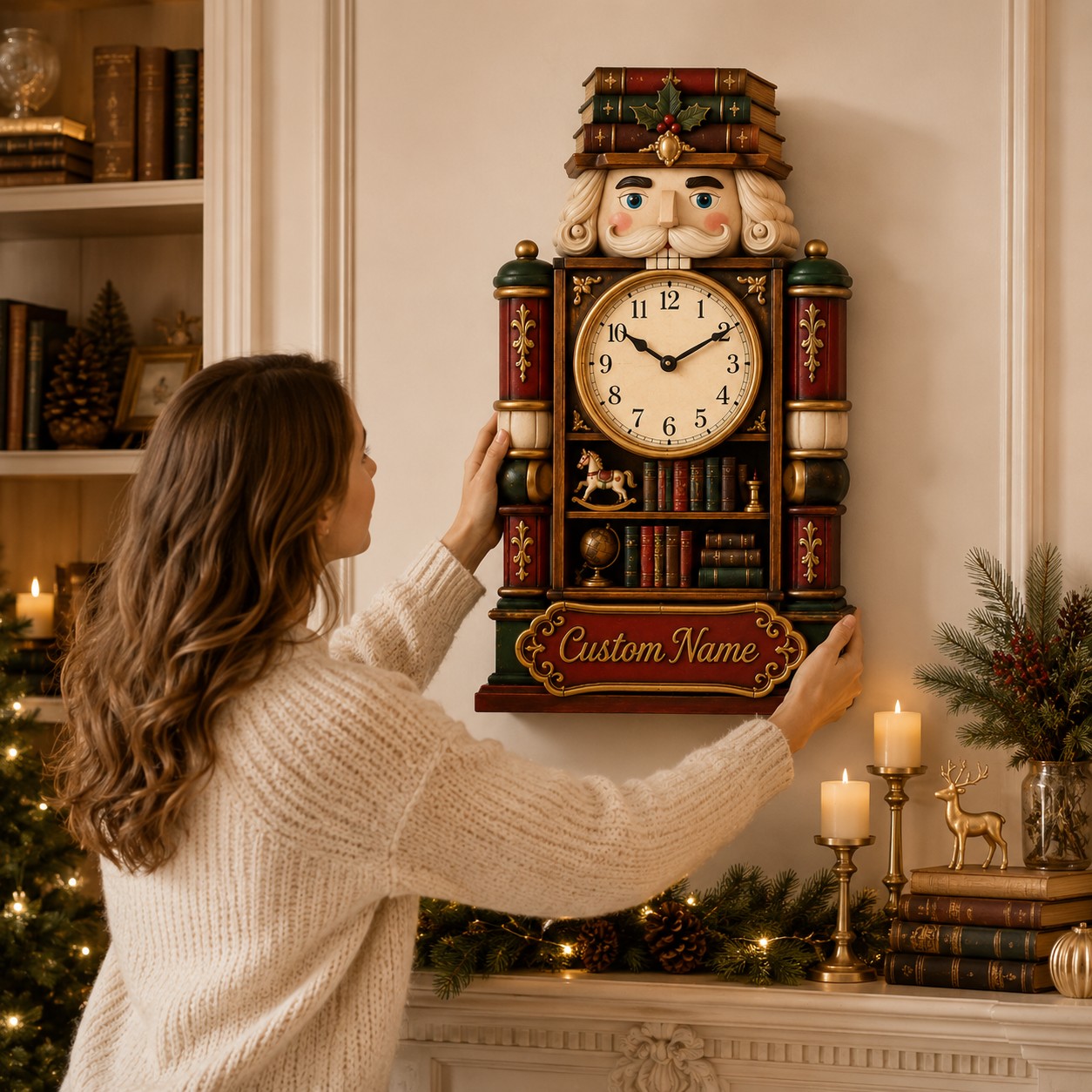 Personalized Christmas Nutcracker Library Wall Clock with Custom Name — personalized with a custom name