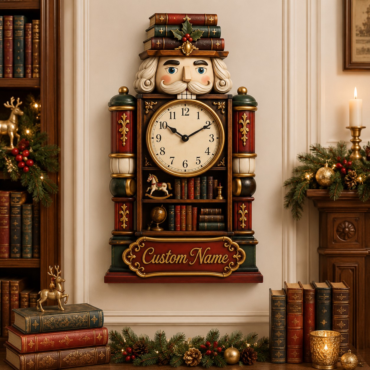 Personalized Christmas Nutcracker Library Wall Clock with Custom Name — personalized with a custom name