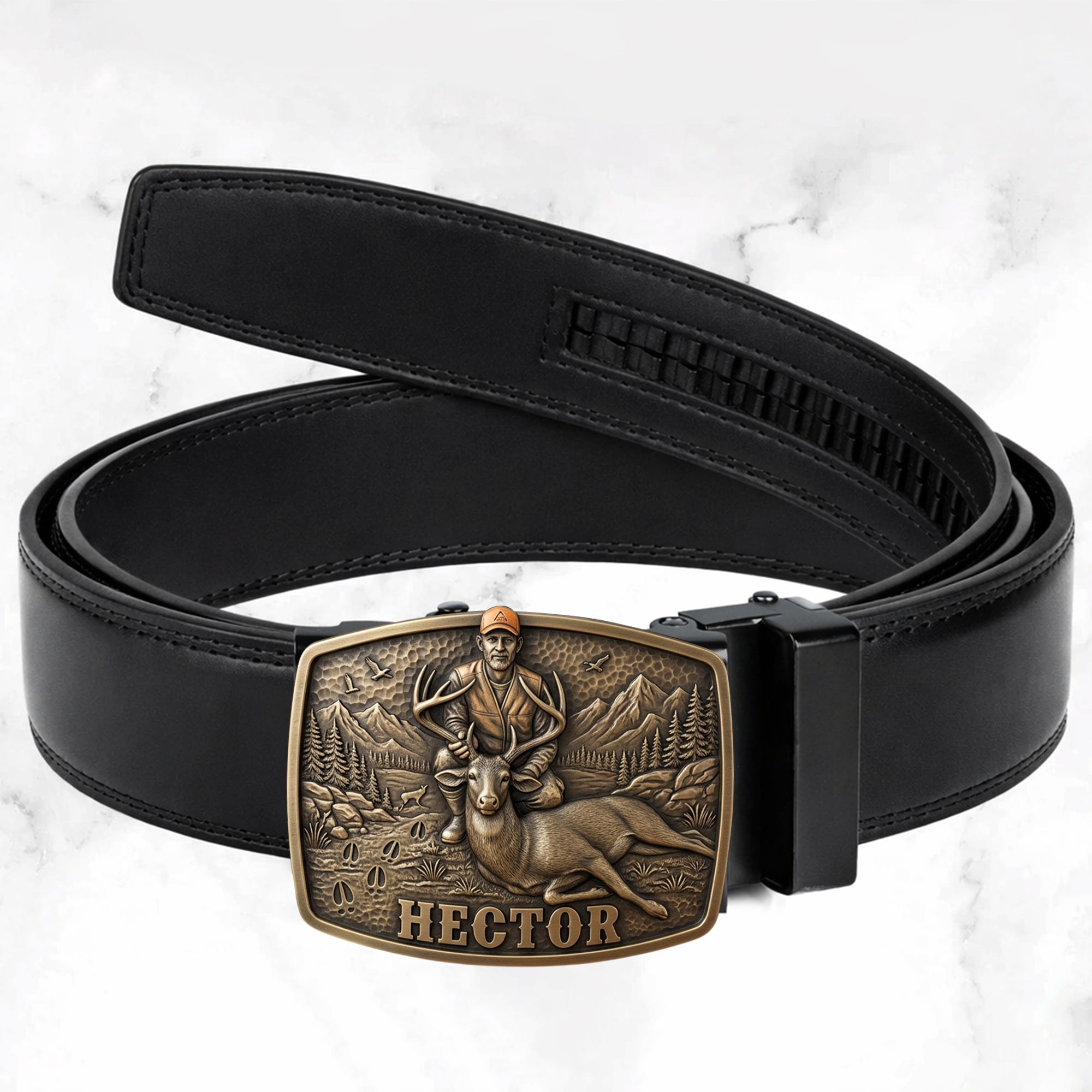 Custom Initial Name Letter Hunting Lover - Personalized Hunting Leather Belt With Shaped Buckle