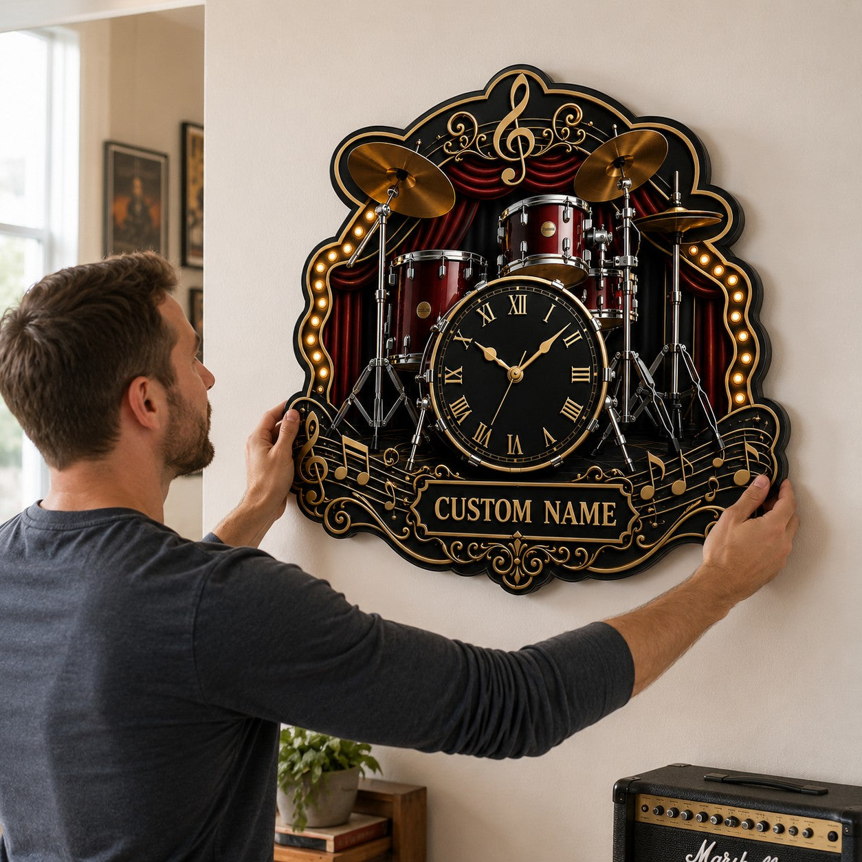 Personalized Drummers and Percussionists Wall Clock with Custom Name — personalized with a custom name