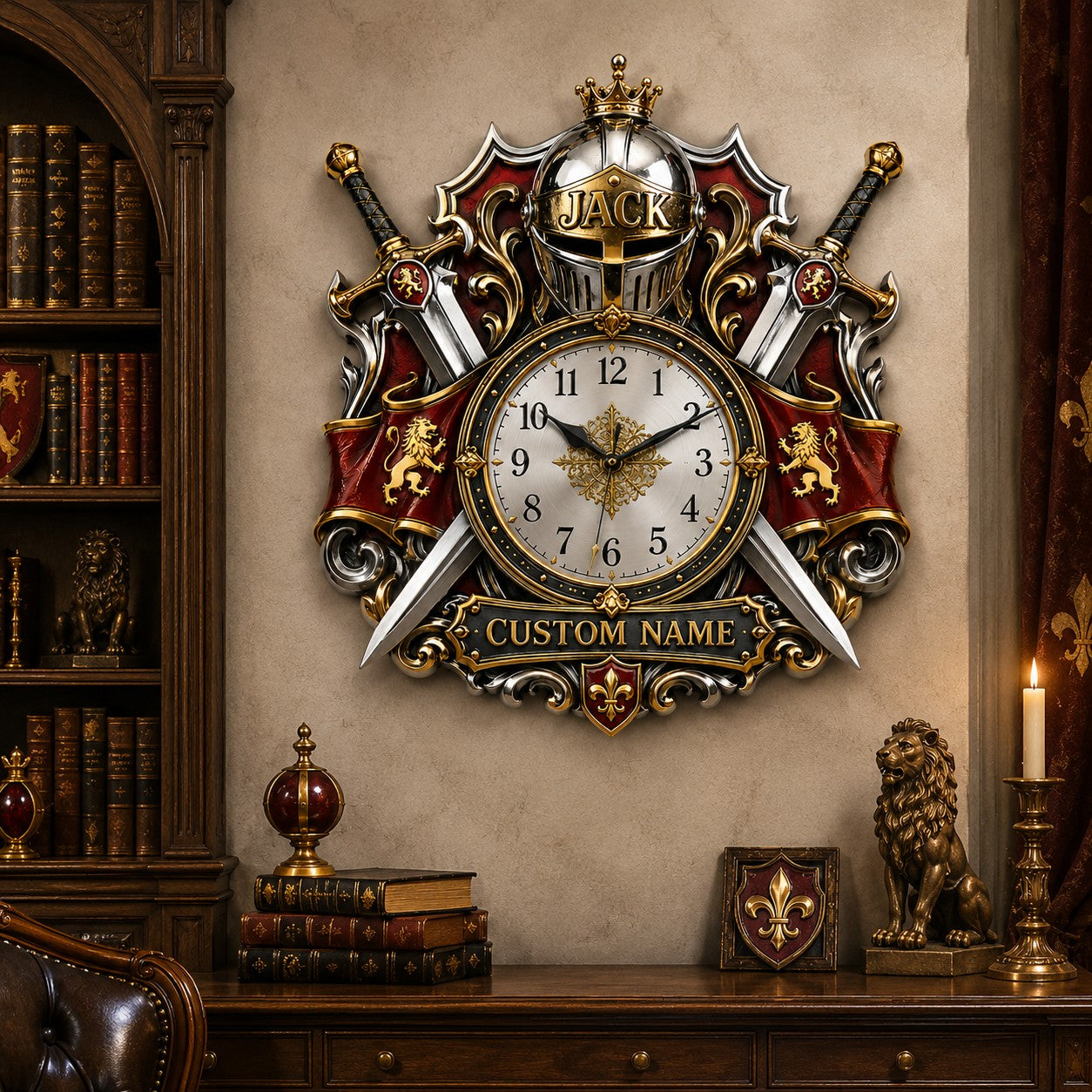 Personalized Medieval Sword Wall Clock with Custom Name — personalized with a custom name