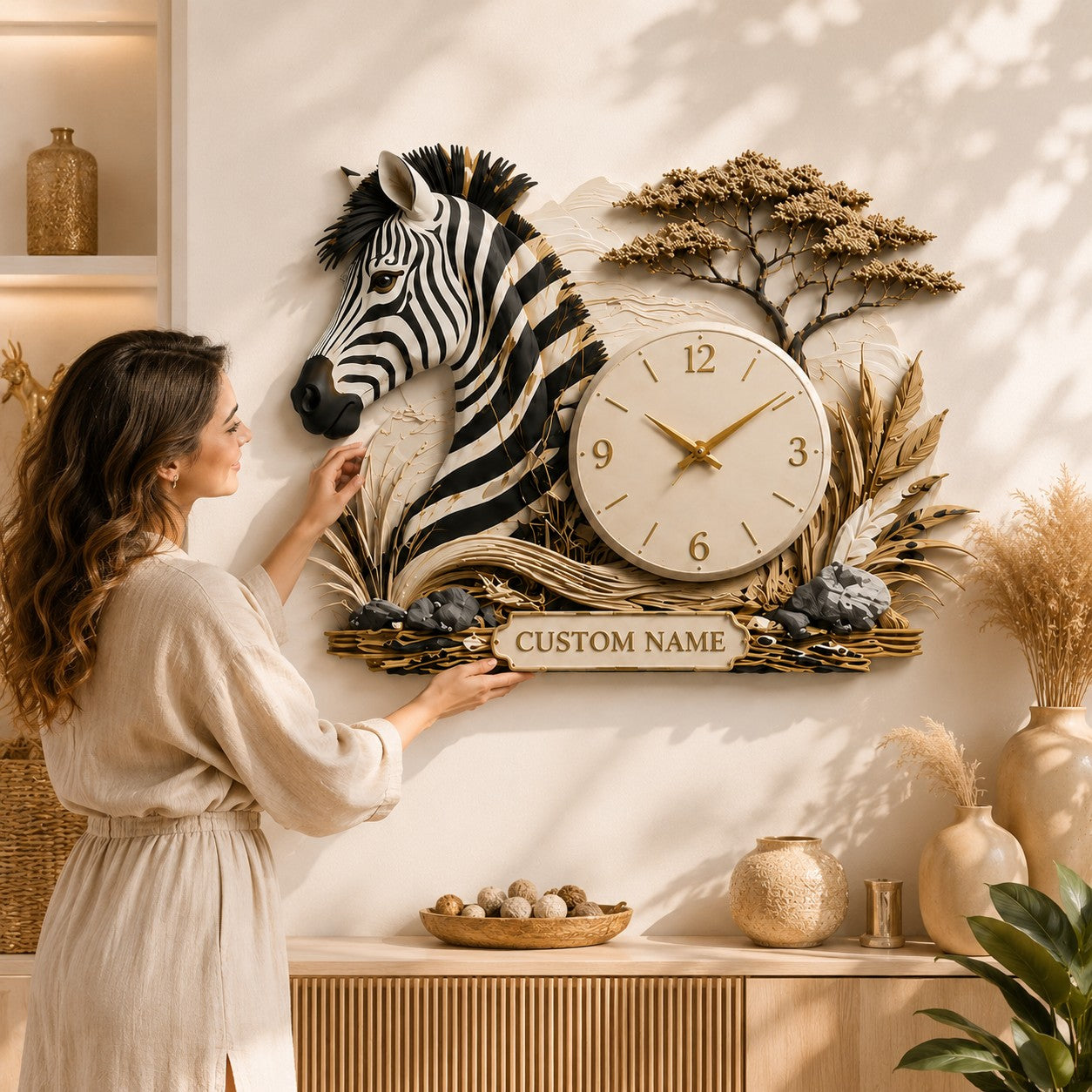 Personalized Zebra Wall Clock with Custom Name — personalized with a custom name