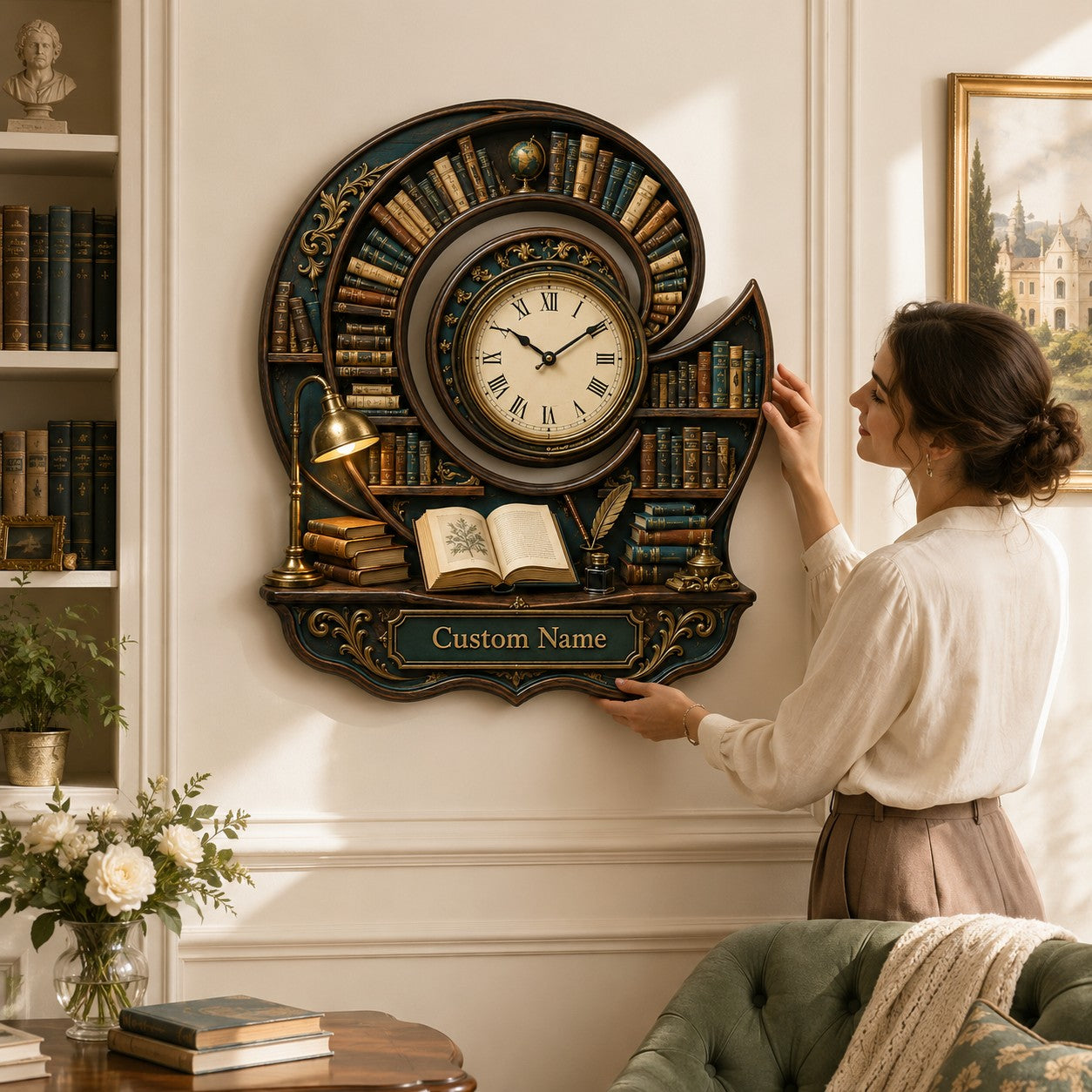 Personalized Spiral Library Wall Clock with Custom Name — personalized with a custom name