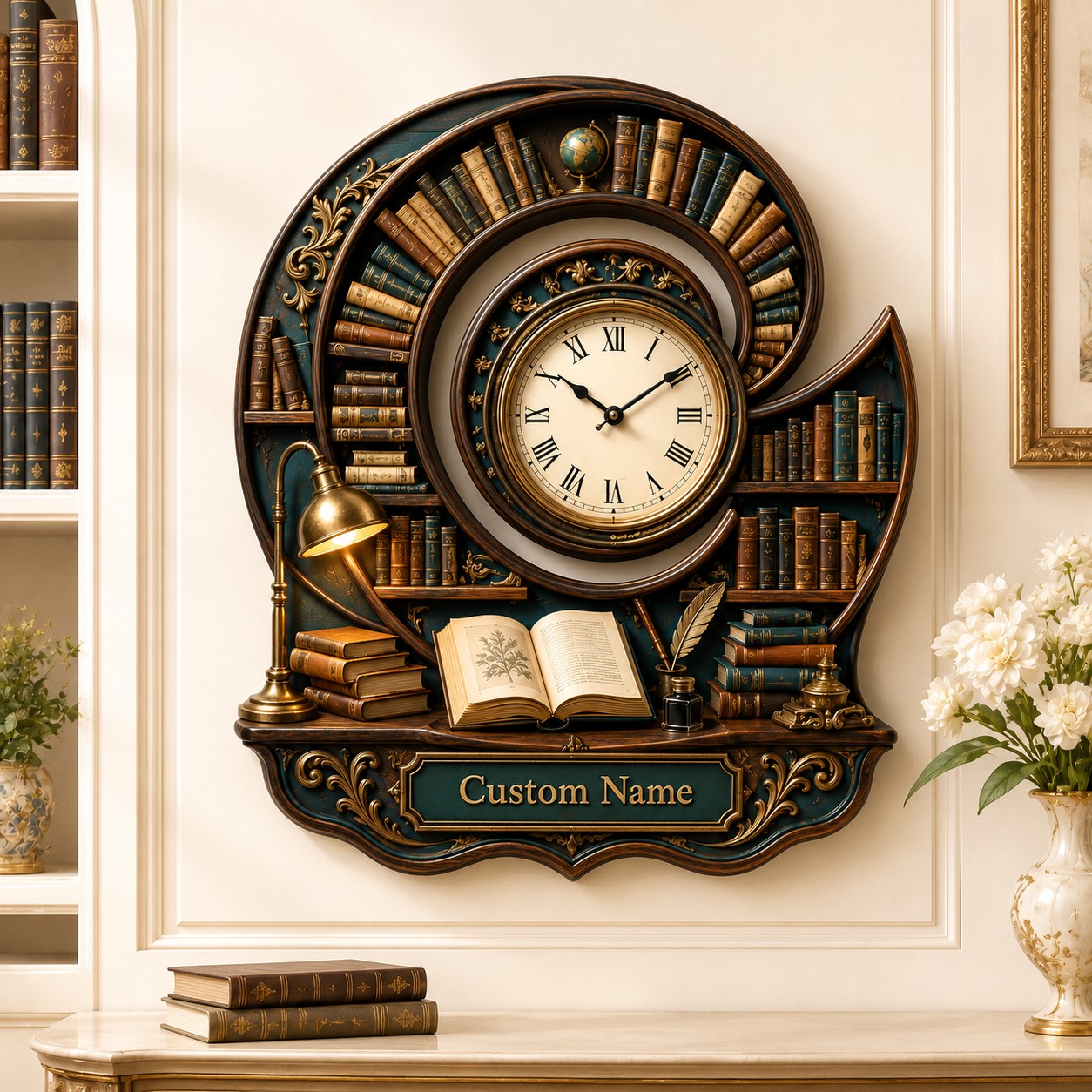 Personalized Spiral Library Wall Clock with Custom Name — personalized with a custom name