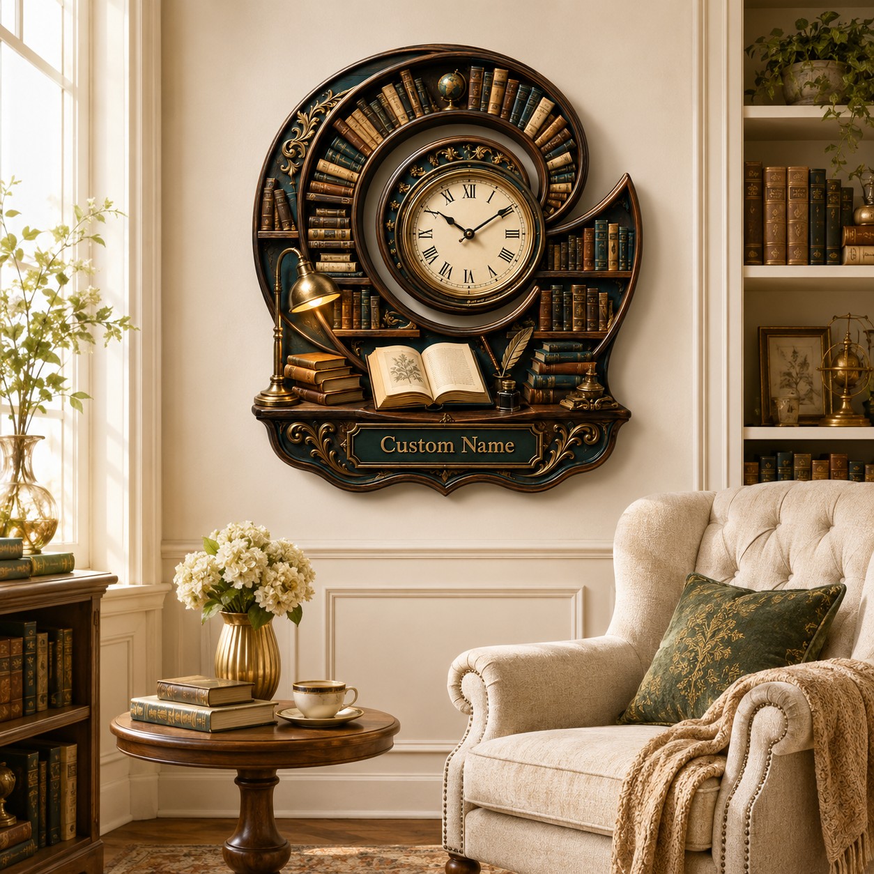 Personalized Spiral Library Wall Clock with Custom Name — personalized with a custom name