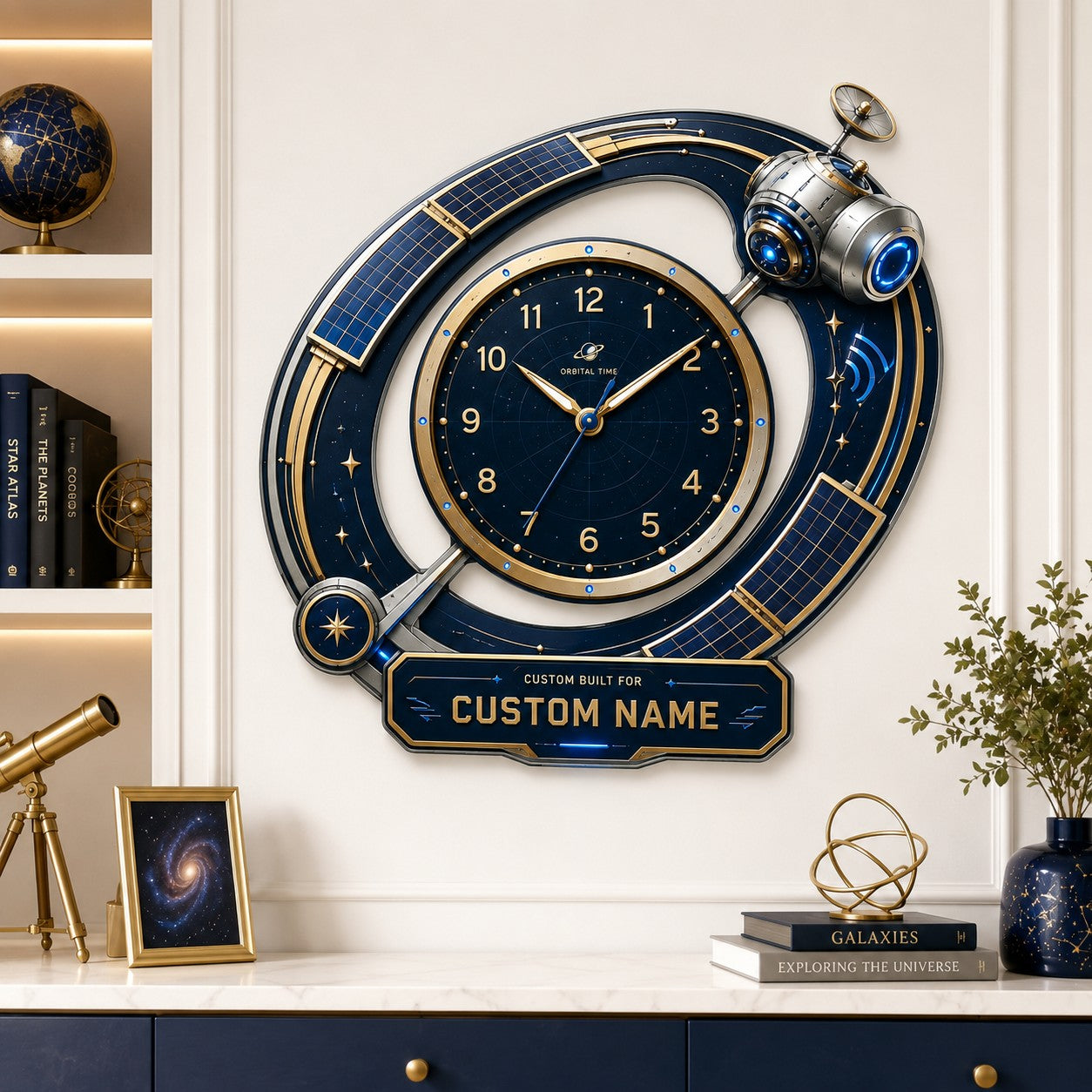 Personalized Satellite Wall Clock with Custom Name — personalized with a custom name