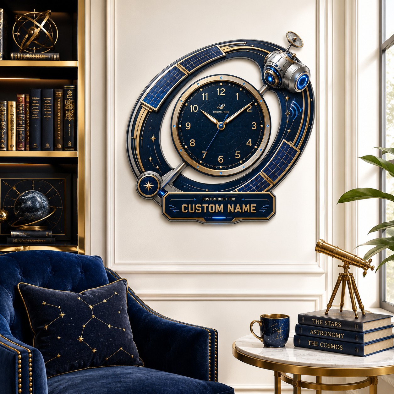 Personalized Satellite Wall Clock with Custom Name — personalized with a custom name