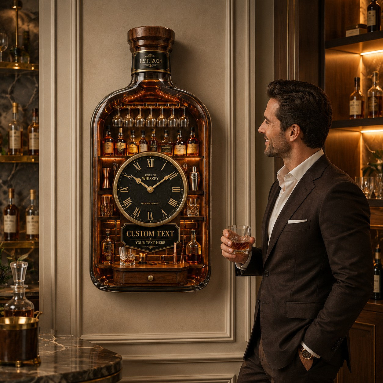 Personalized Whiskey Bottle Wall Clock with Custom Name — personalized with a custom name