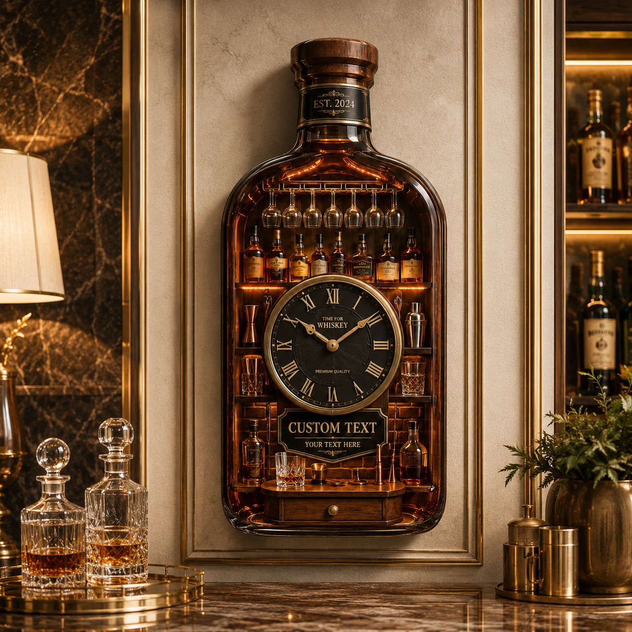Personalized Whiskey Bottle Wall Clock with Custom Name — personalized with a custom name