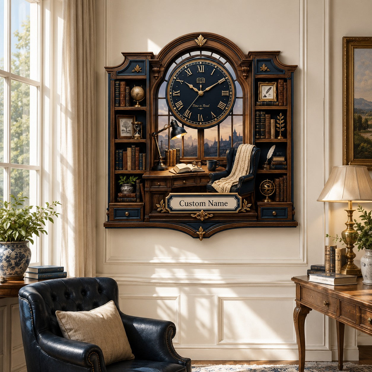 Personalized Navy Library Wall Clock with Custom Name — personalized with a custom name