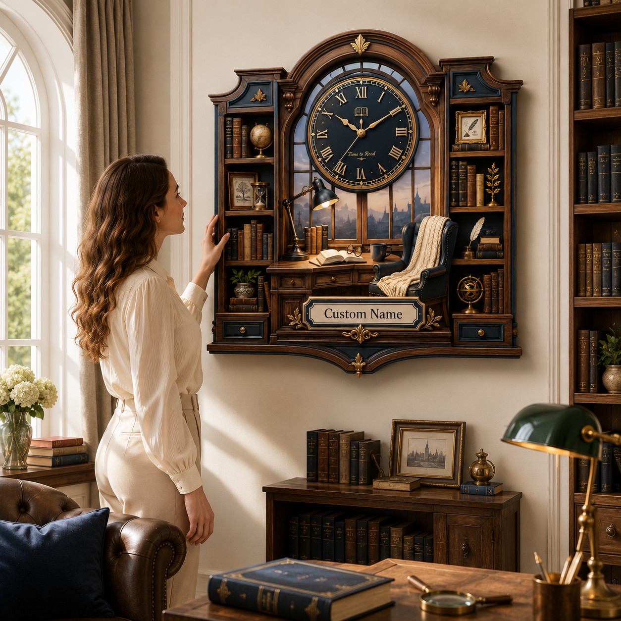 Personalized Navy Library Wall Clock with Custom Name — personalized with a custom name