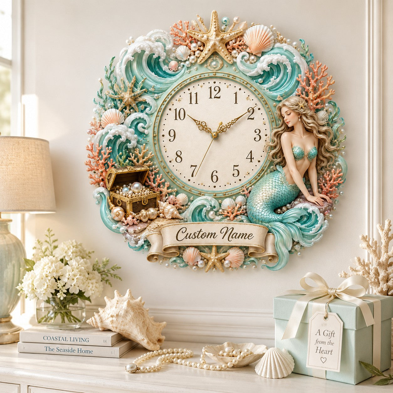 Personalized Mermaid Wall Clock with Custom Name (Design 2) — personalized with a custom name