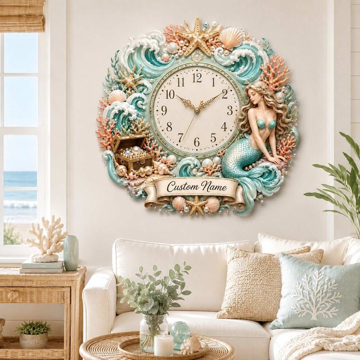 Personalized Mermaid Wall Clock with Custom Name (Design 2) — personalized with a custom name