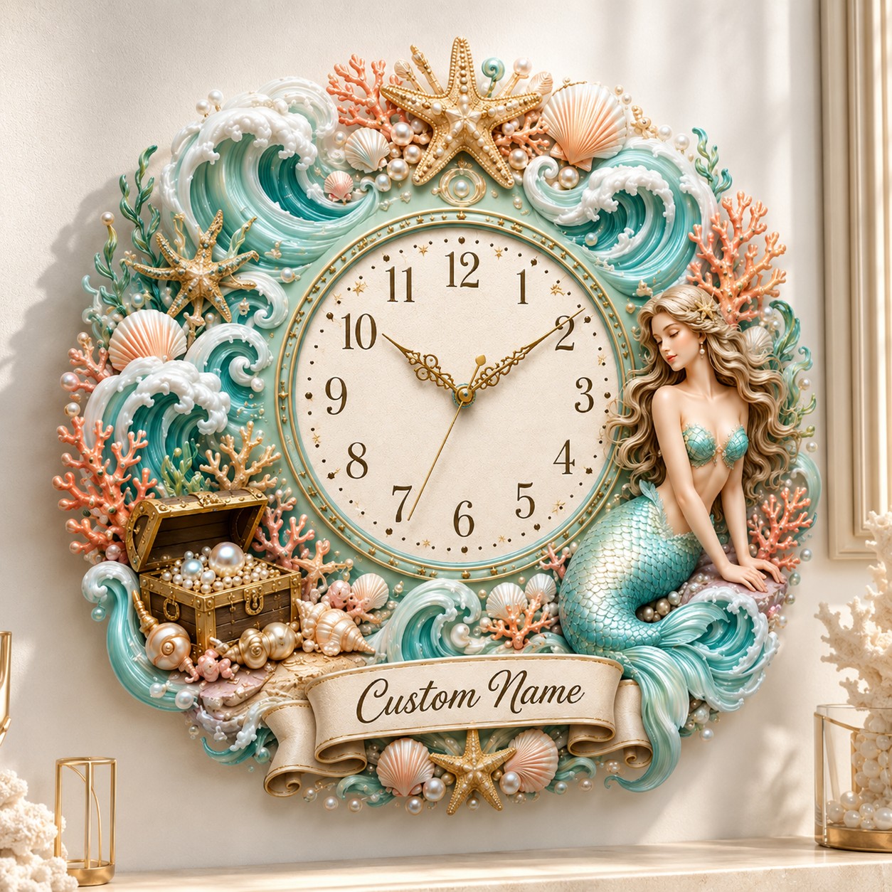Personalized Mermaid Wall Clock with Custom Name (Design 2) — personalized with a custom name