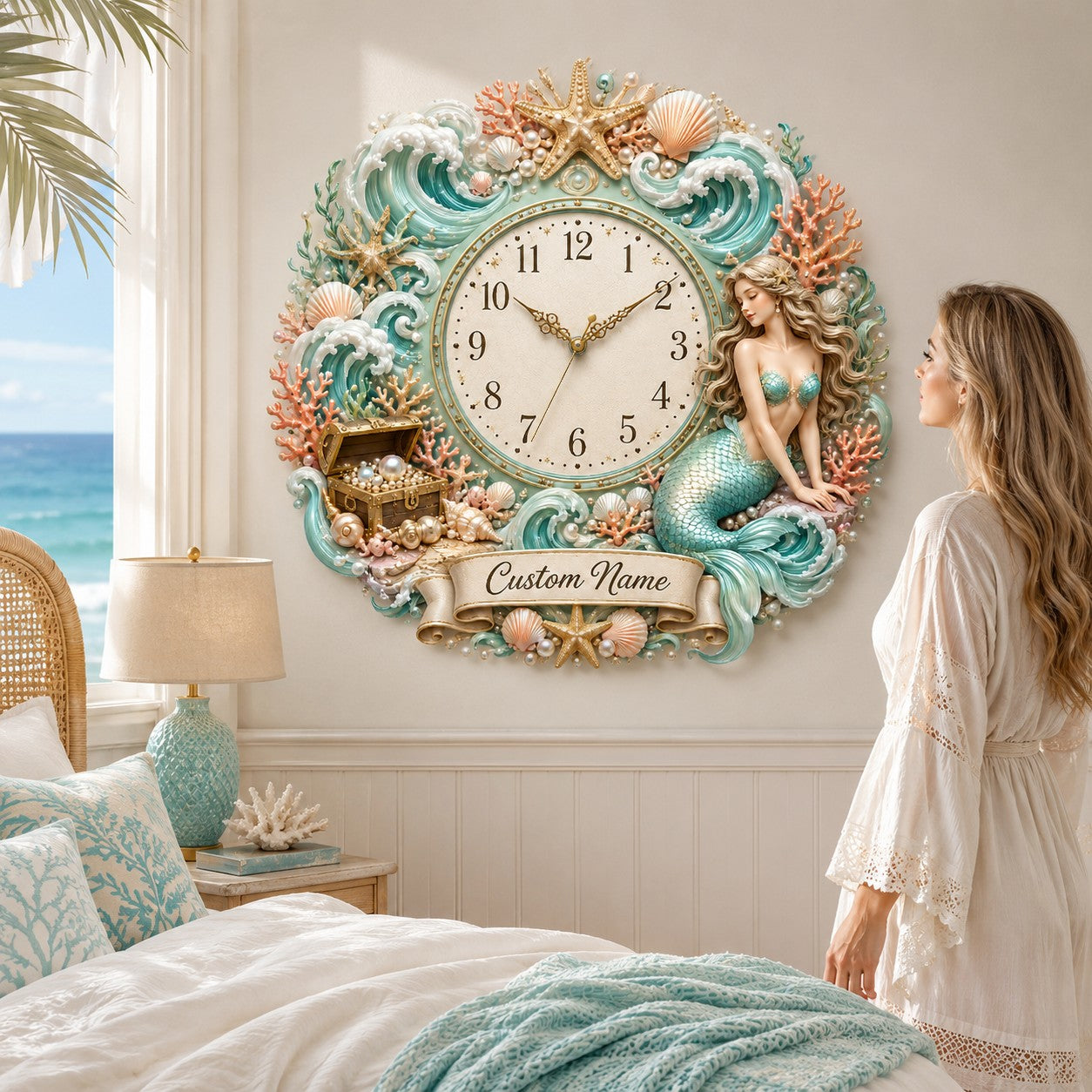 Personalized Mermaid Wall Clock with Custom Name (Design 2) — personalized with a custom name