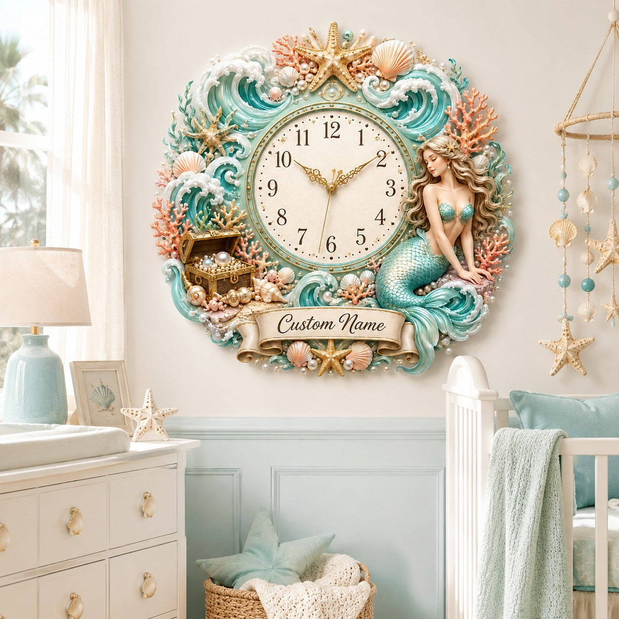 Personalized Mermaid Wall Clock with Custom Name (Design 2) — personalized with a custom name