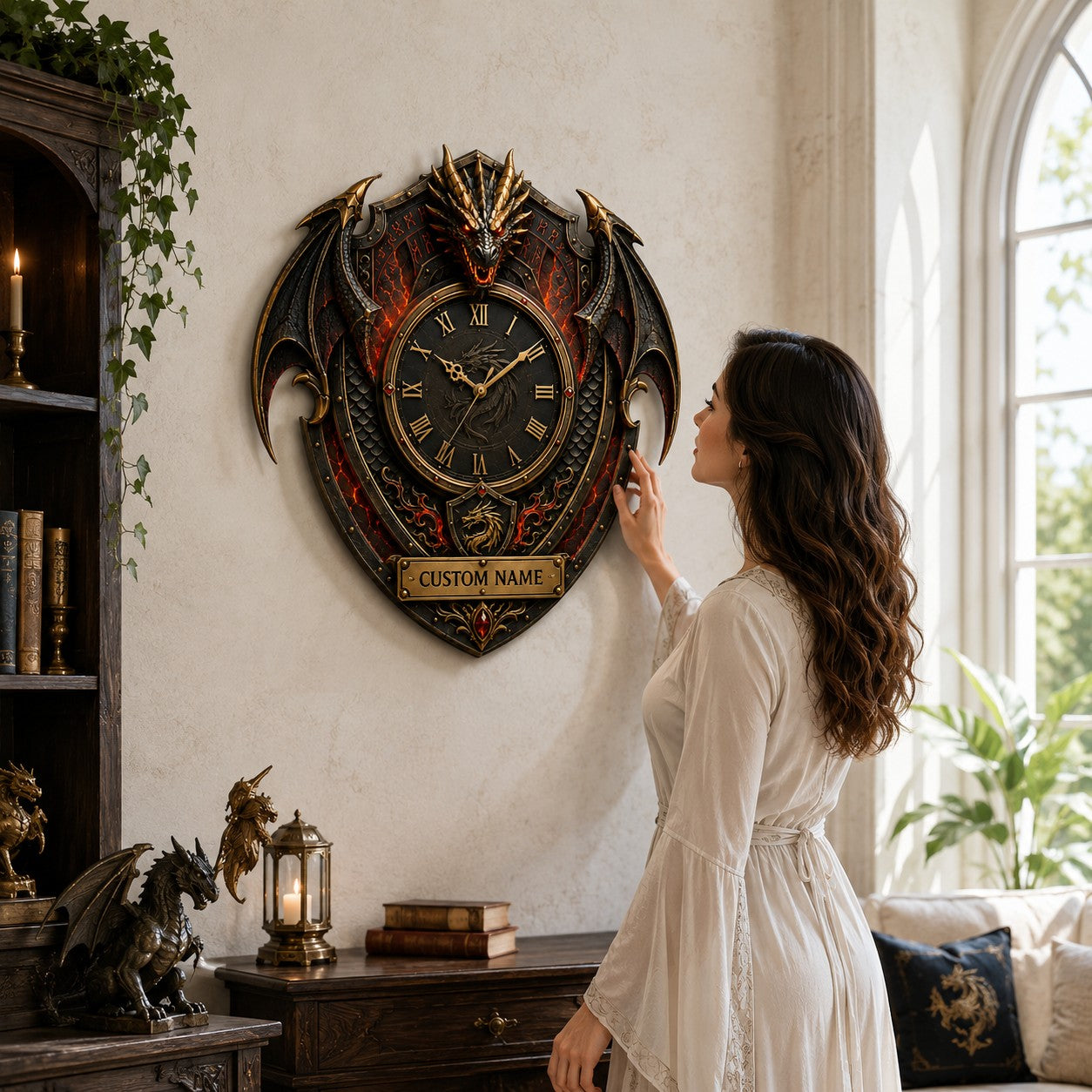Personalized Dragon Crest Wall Clock with Custom Name — personalized with a custom name