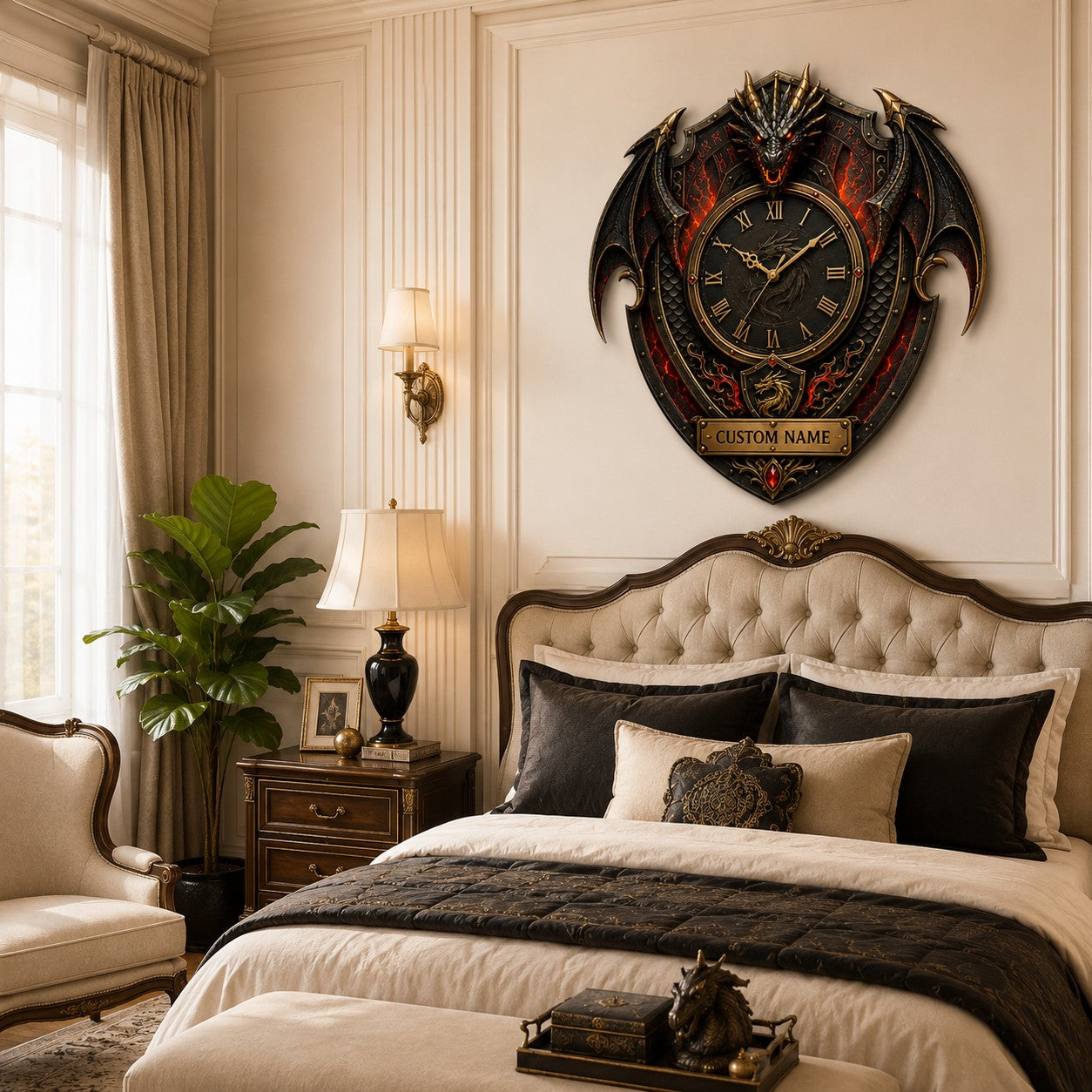 Personalized Dragon Crest Wall Clock with Custom Name — personalized with a custom name
