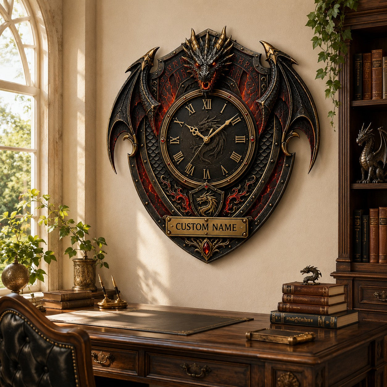 Personalized Dragon Crest Wall Clock with Custom Name — personalized with a custom name