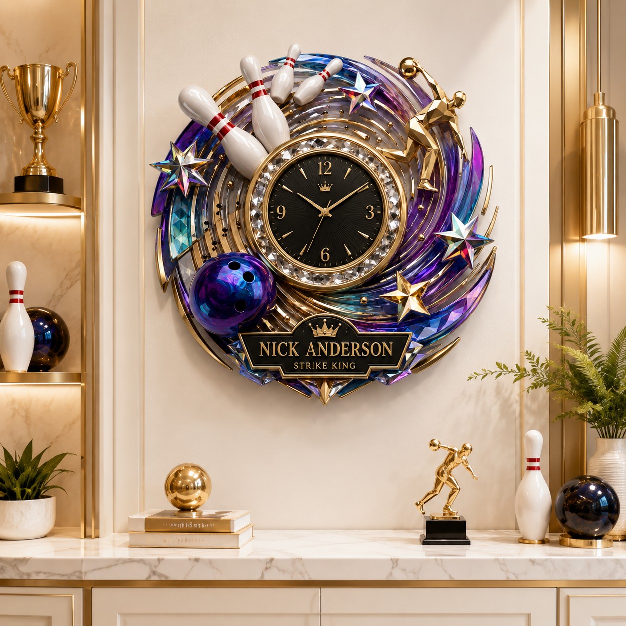 Personalized Bowling Champion Wall Clock with Custom Name — personalized with a custom name