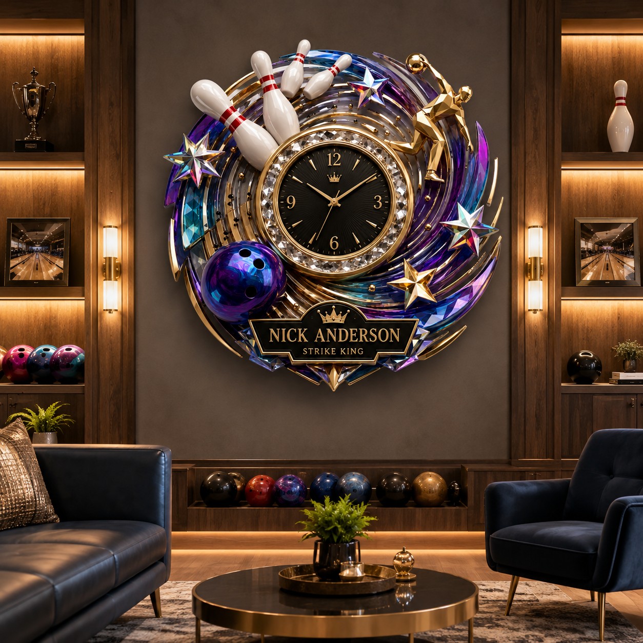 Personalized Bowling Champion Wall Clock with Custom Name — personalized with a custom name