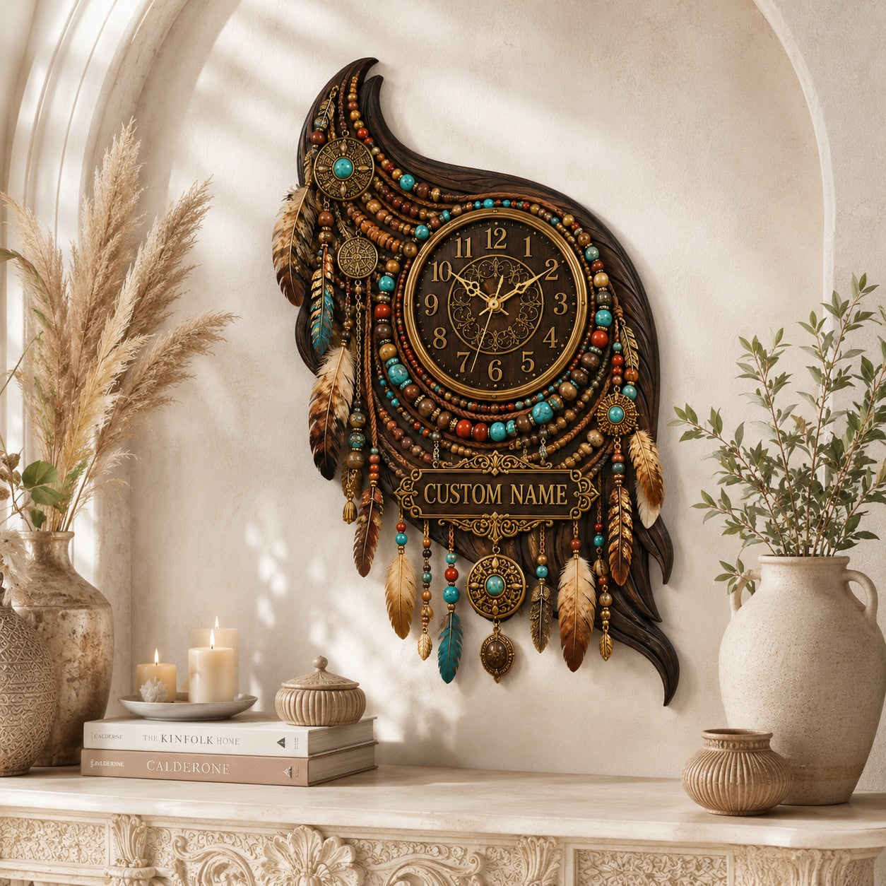 Personalized Boho Feather Wall Clock with Custom Name — personalized with a custom name
