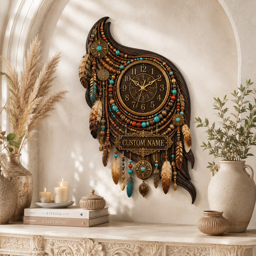 Personalized Boho Feather Wall Clock with Custom Name — personalized with a custom name