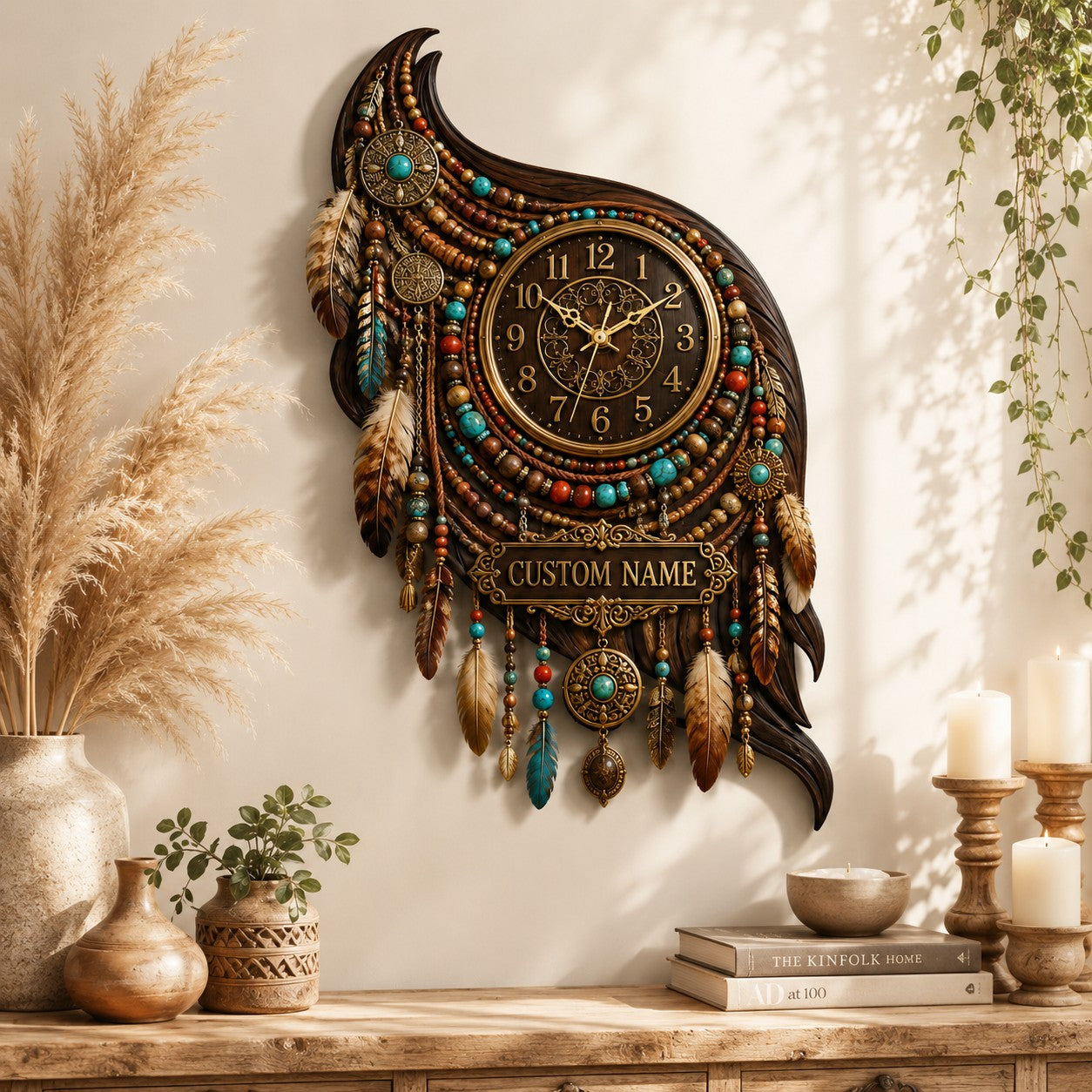 Personalized Boho Feather Wall Clock with Custom Name — personalized with a custom name