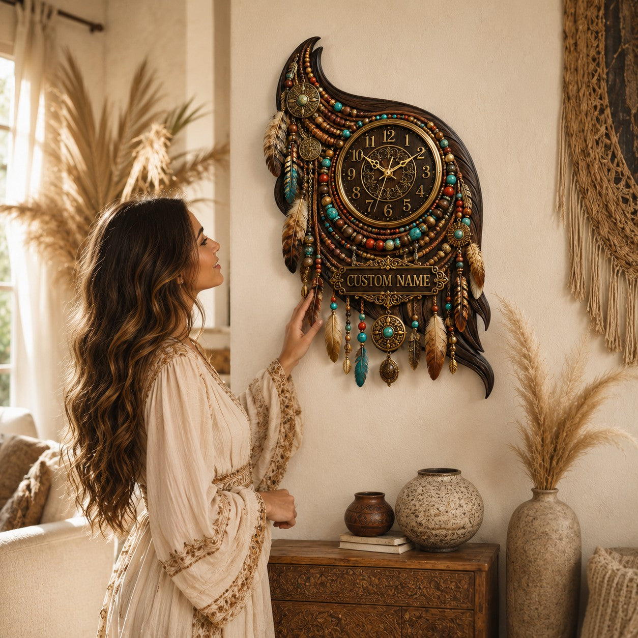 Personalized Boho Feather Wall Clock with Custom Name — personalized with a custom name