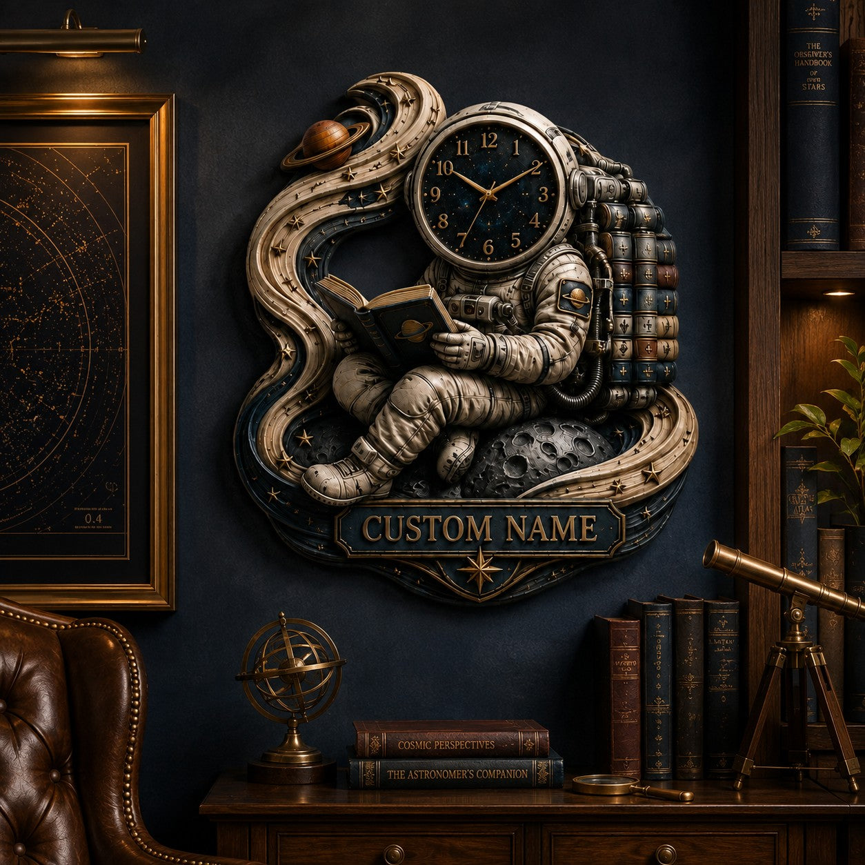 Personalized Astronaut Book Lover Wall Clock with Custom Name — personalized with a custom name