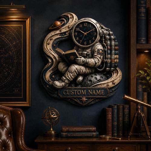 Personalized Astronaut Book Lover Wall Clock with Custom Name — personalized with a custom name