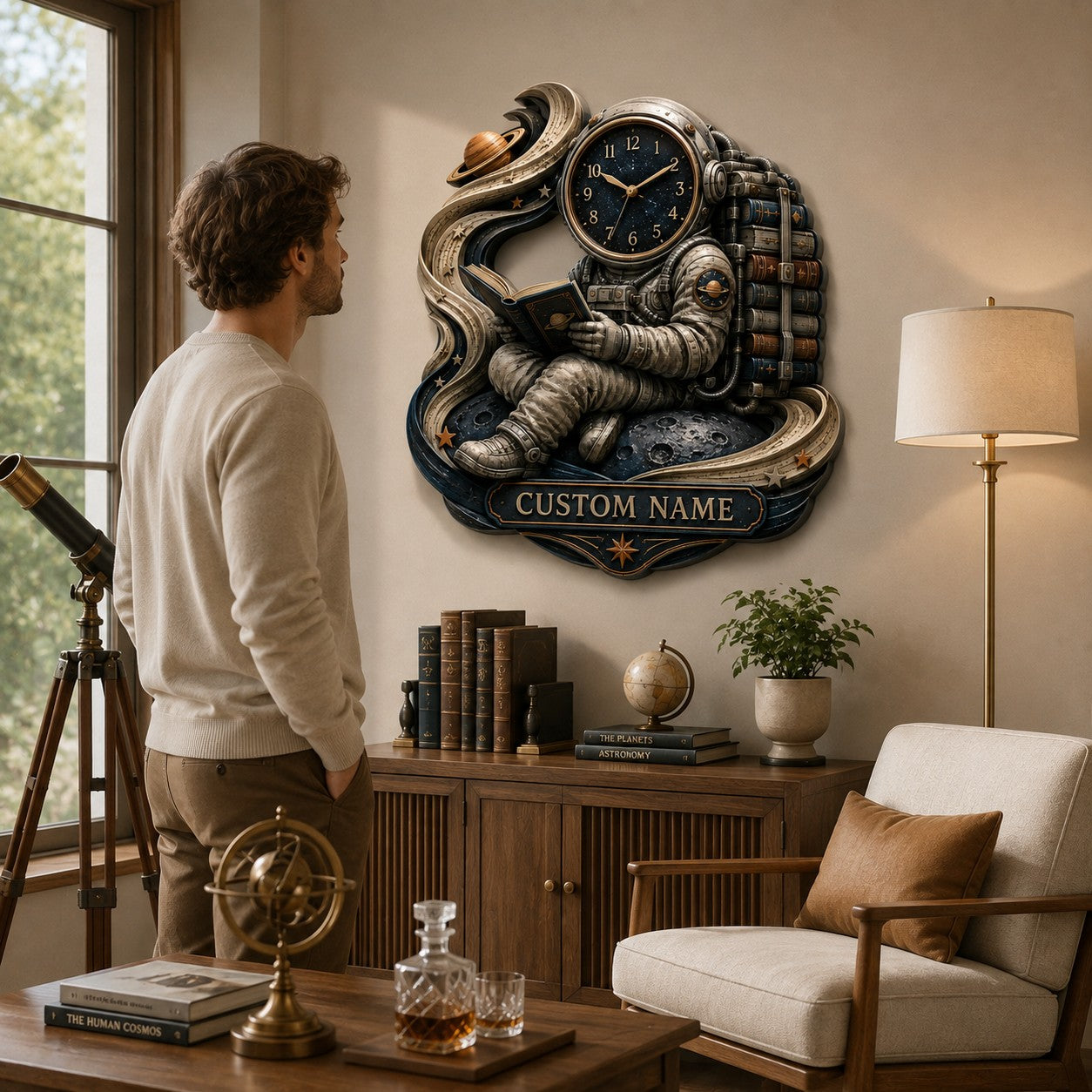 Personalized Astronaut Book Lover Wall Clock with Custom Name — personalized with a custom name