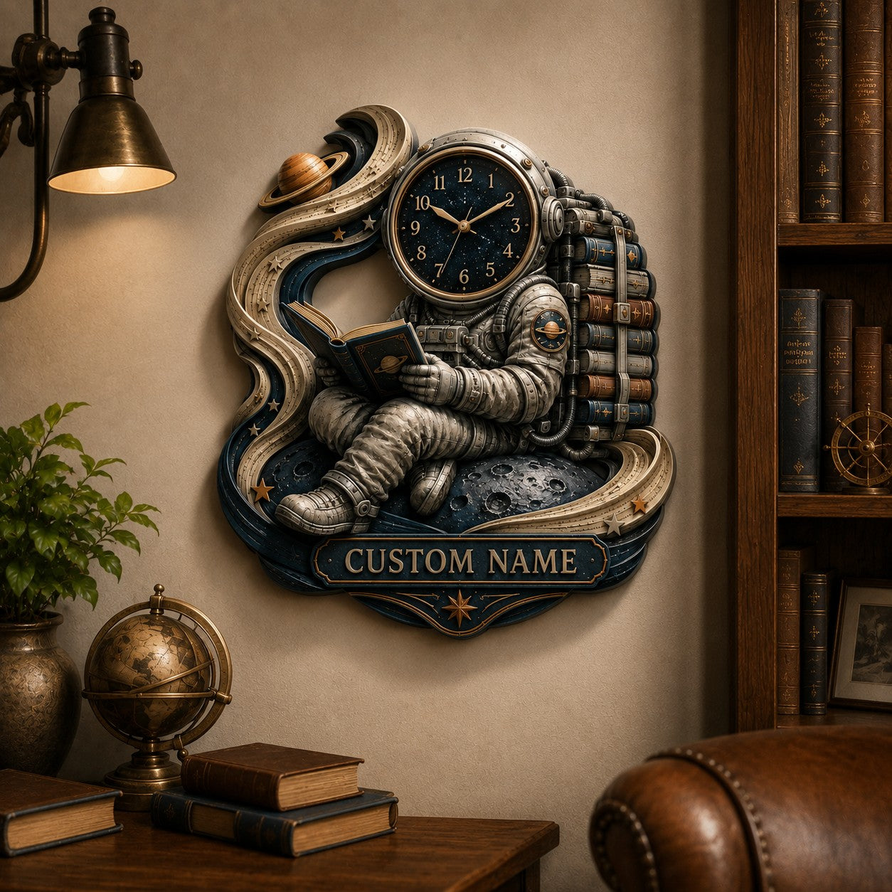 Personalized Astronaut Book Lover Wall Clock with Custom Name — personalized with a custom name