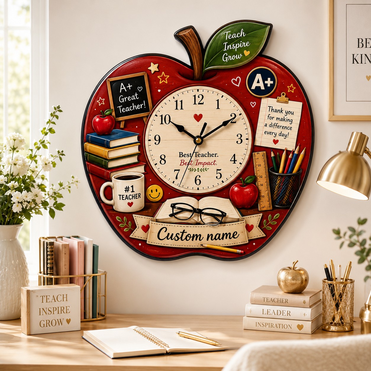Personalized Teacher Apple Wall Clock, Custom Name Gift for Teachers — personalized with a custom name