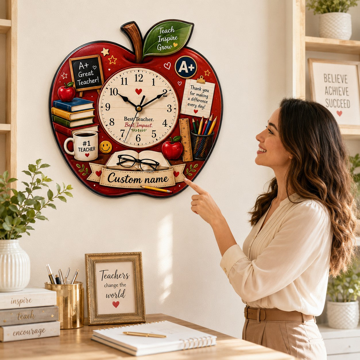 Personalized Teacher Apple Wall Clock, Custom Name Gift for Teachers — personalized with a custom name