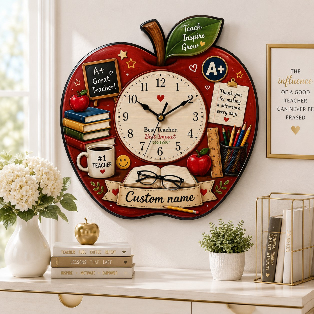 Personalized Teacher Apple Wall Clock, Custom Name Gift for Teachers — personalized with a custom name