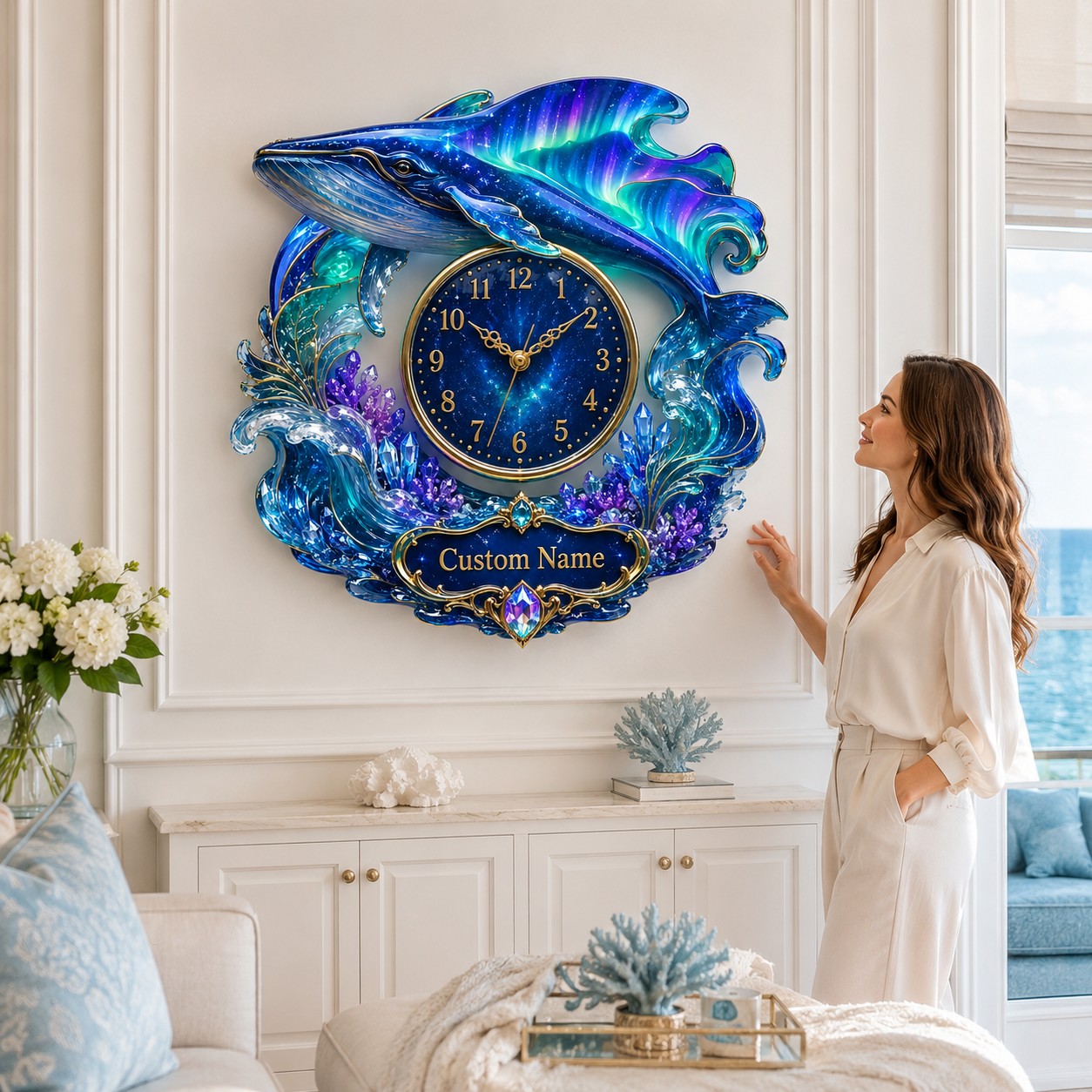 Personalized Whale Wall Clock with Custom Name — personalized with a custom name