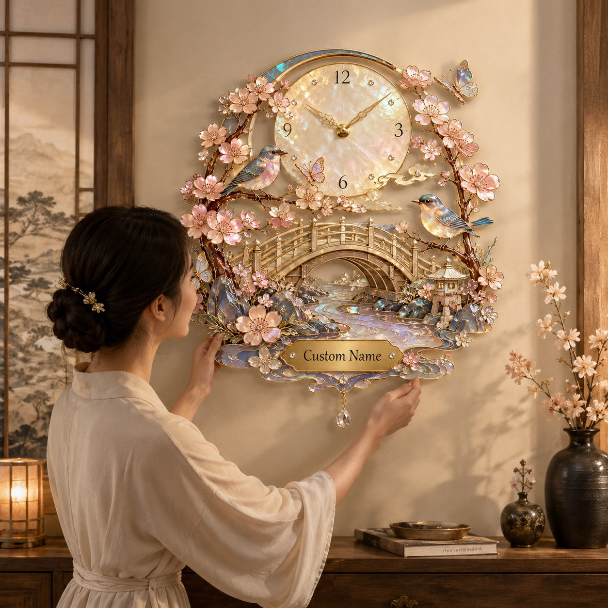 Personalized Sakura Bird Wall Clock, Custom Name Gift for Bird Lovers — personalized with a custom name