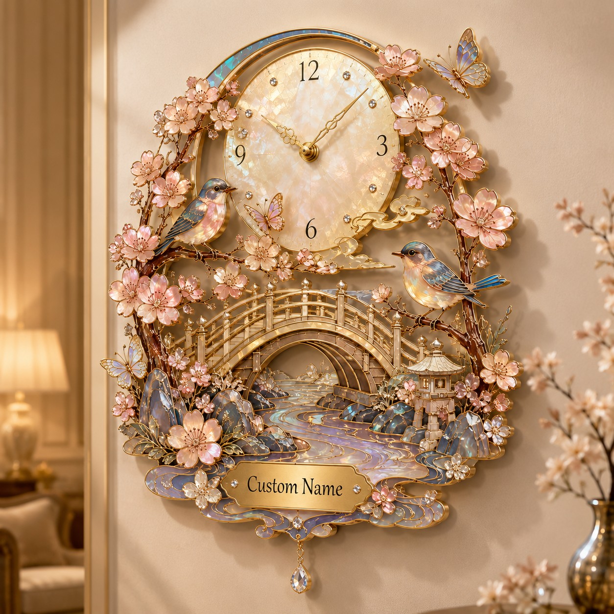 Personalized Sakura Bird Wall Clock, Custom Name Gift for Bird Lovers — personalized with a custom name