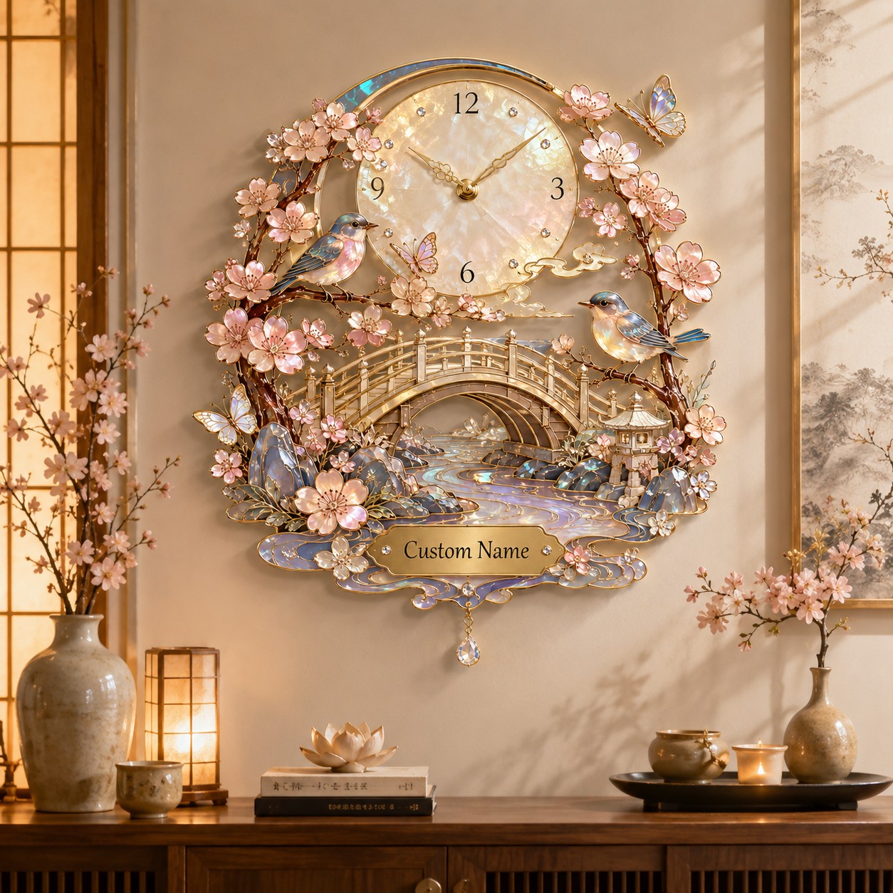 Personalized Sakura Bird Wall Clock, Custom Name Gift for Bird Lovers — personalized with a custom name
