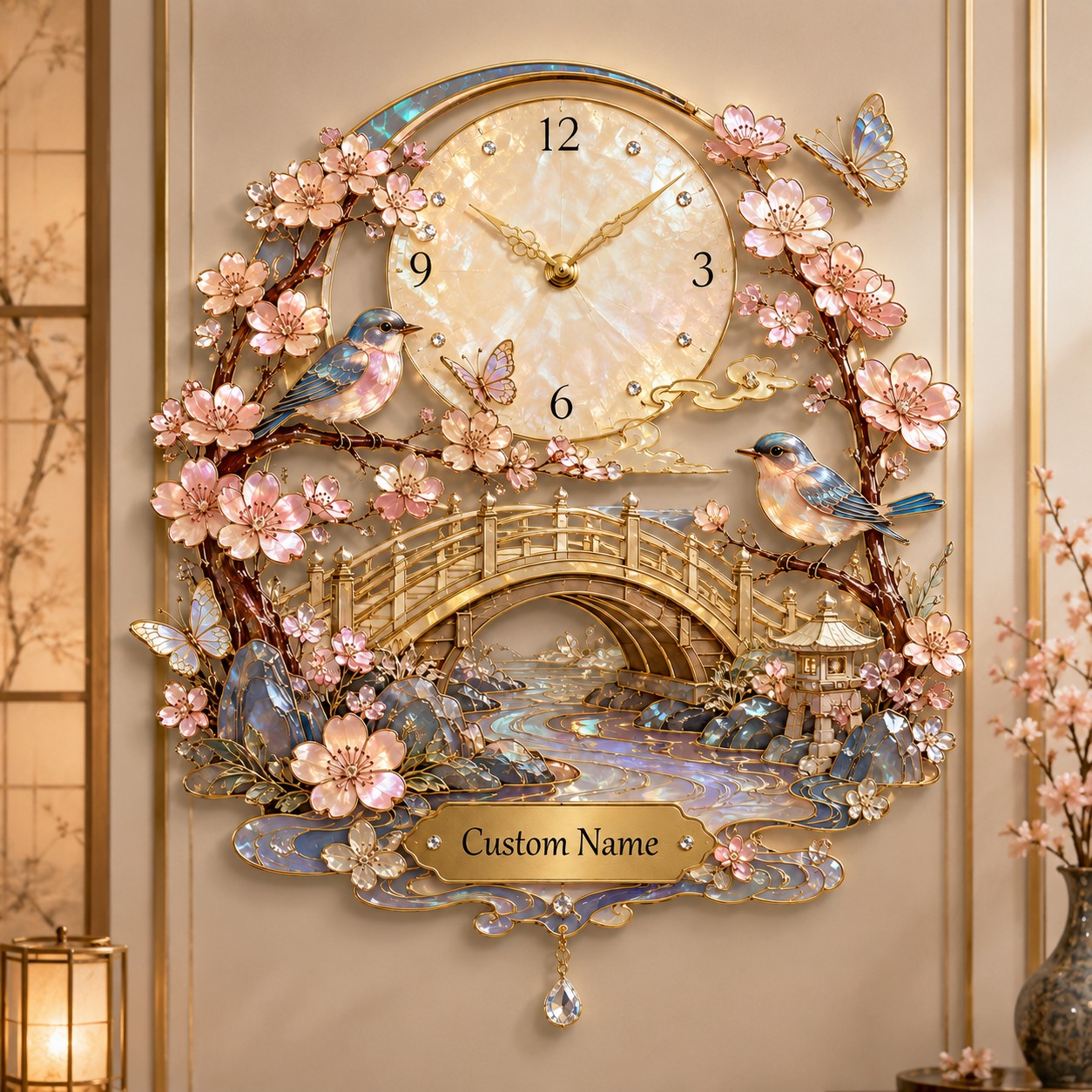 Personalized Sakura Bird Wall Clock, Custom Name Gift for Bird Lovers — personalized with a custom name