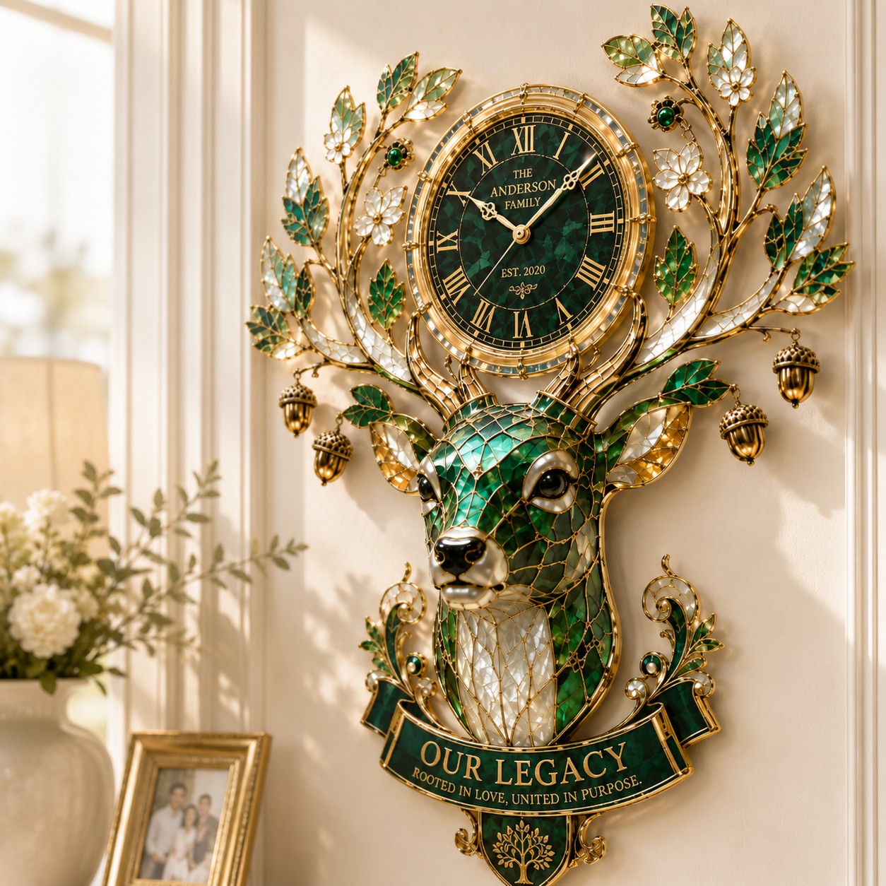 Personalized Deer Family Legacy Wall Clock with Custom Name — personalized with a custom name