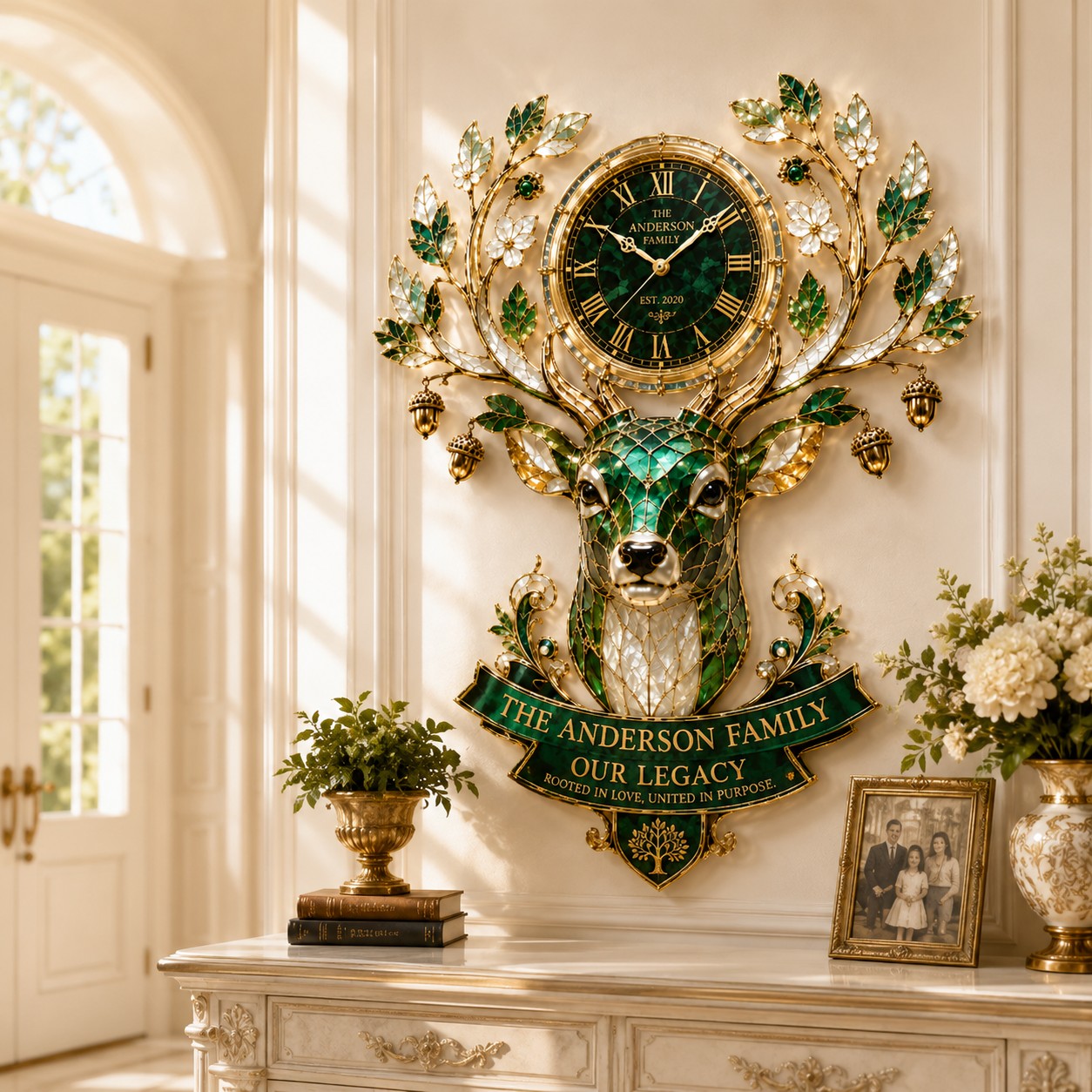 Personalized Deer Family Legacy Wall Clock with Custom Name — personalized with a custom name