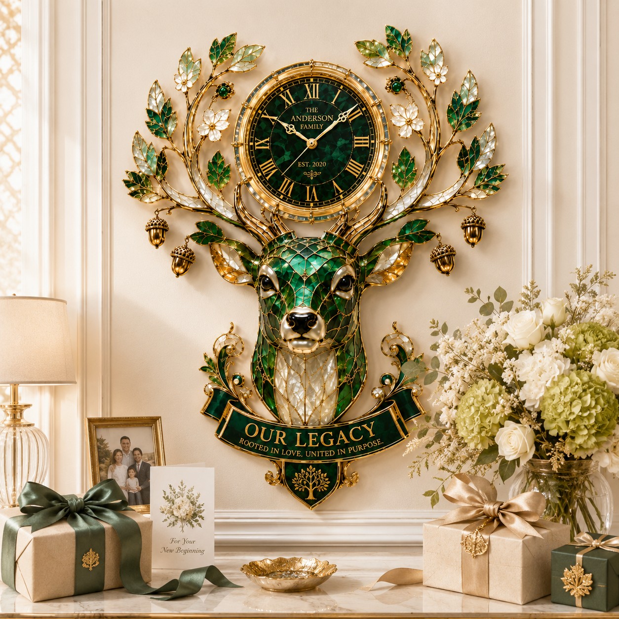 Personalized Deer Family Legacy Wall Clock with Custom Name — personalized with a custom name