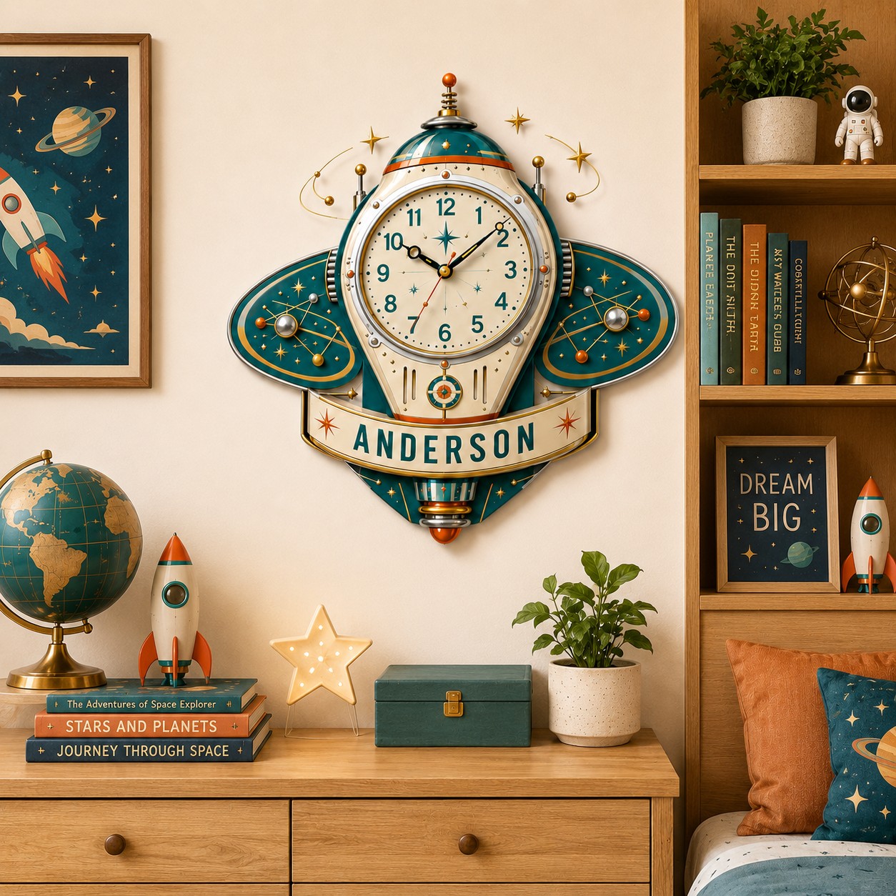 Personalized Retro Rocket Wall Clock with Custom Name — personalized with a custom name