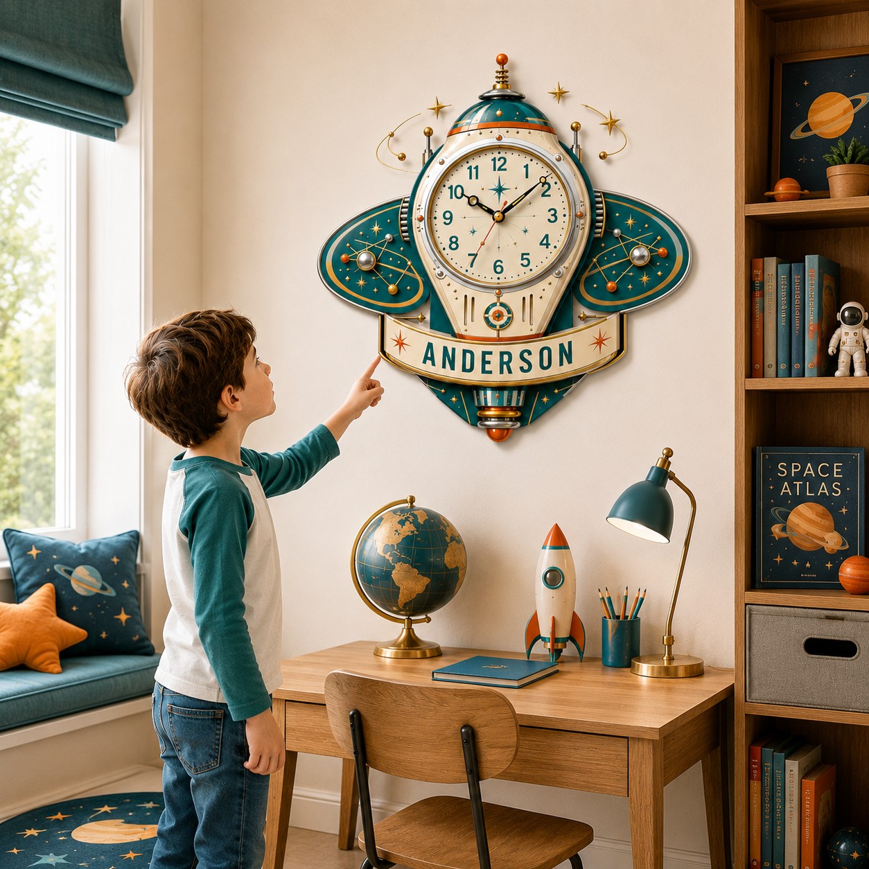 Personalized Retro Rocket Wall Clock with Custom Name — personalized with a custom name