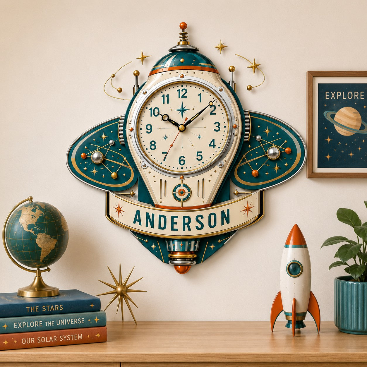 Personalized Retro Rocket Wall Clock with Custom Name — personalized with a custom name