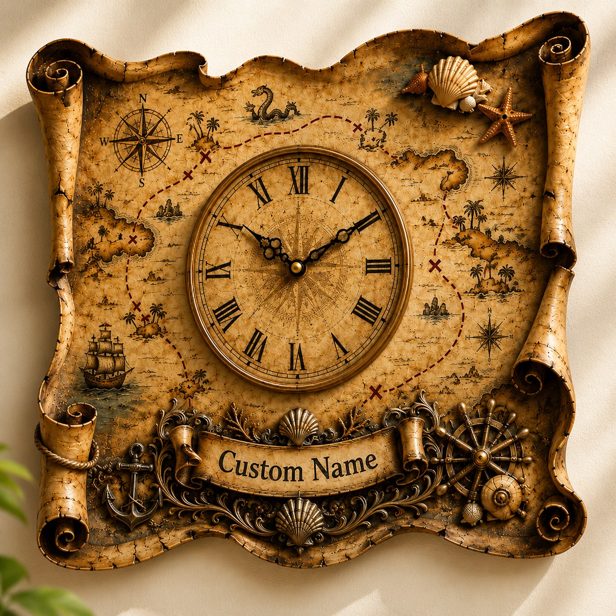 Personalized Treasure Map Wall Clock with Custom Name — personalized with a custom name