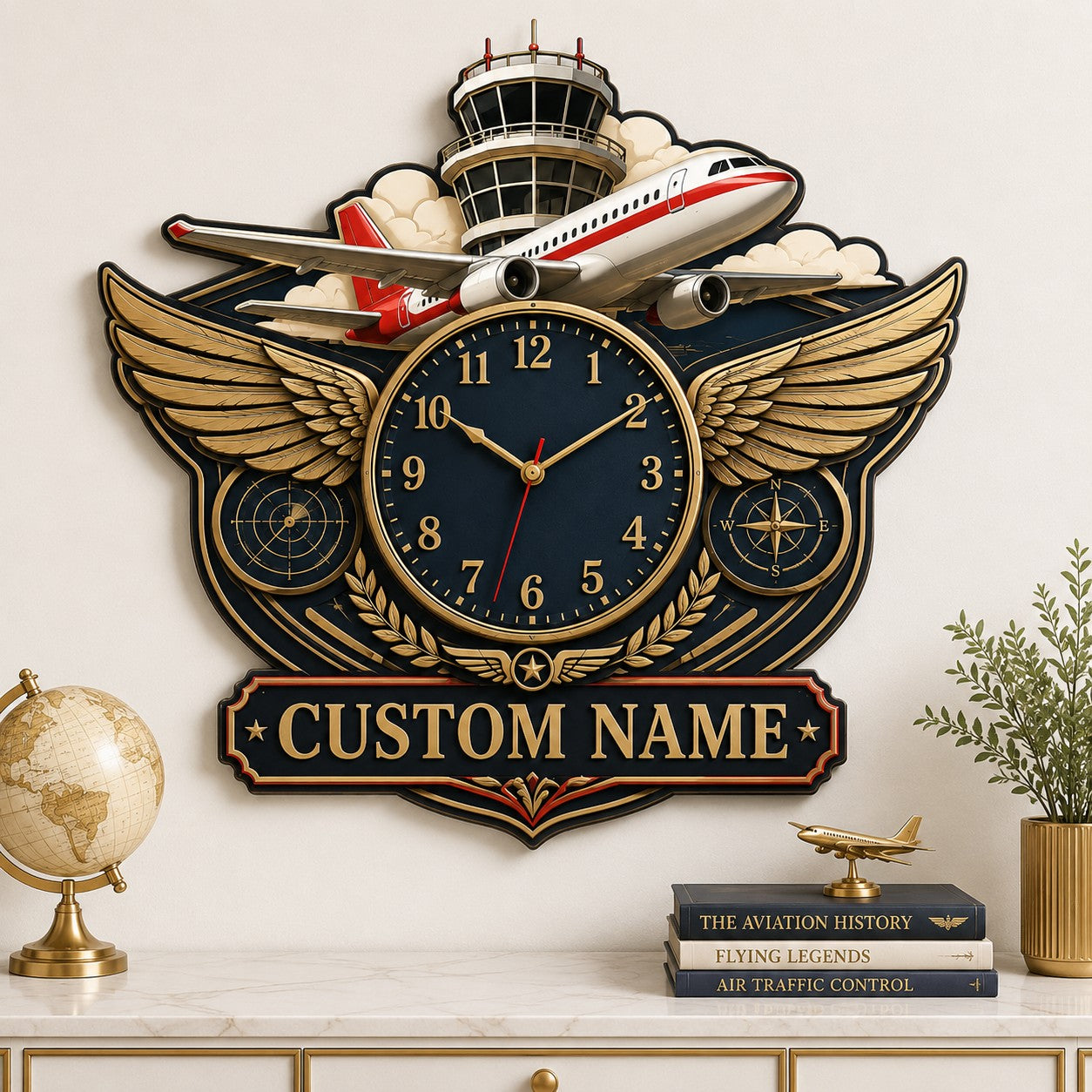 Personalized Pilots Wall Clock, Custom Name Gift for Pilots — personalized with a custom name